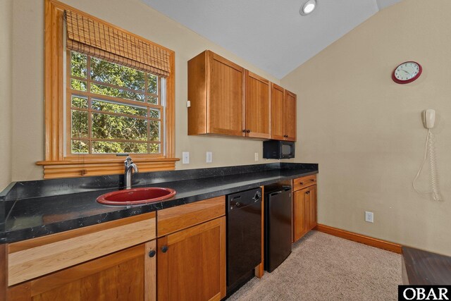 kitchen with black dishwasher, dark countertops, lofted ceiling, brown cabinetry, and a sink