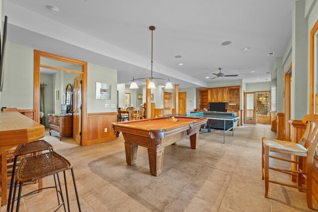 playroom featuring recessed lighting, billiards, ceiling fan, and wainscoting