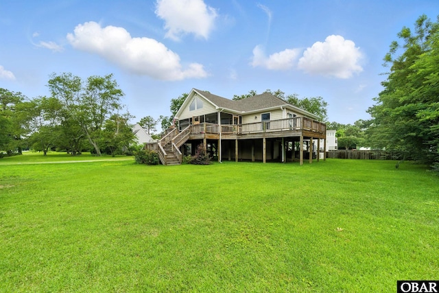 102 Lighthouse Vw Lot 5, Aydlett, NC 27916 - rear view of house featuring a wooden deck, stairway, and a lawn