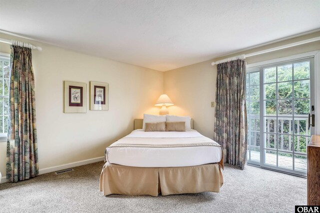 carpeted bedroom featuring baseboards, multiple windows, visible vents, and access to exterior