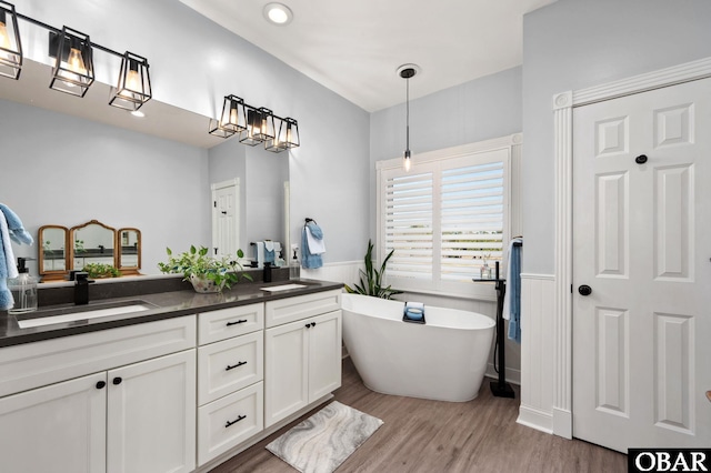 bathroom with a wainscoted wall, wood finished floors, a sink, a soaking tub, and double vanity