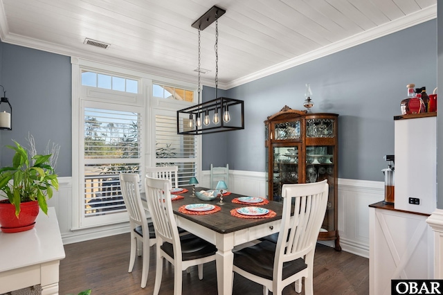 dining area with wainscoting, dark wood finished floors, visible vents, and crown molding