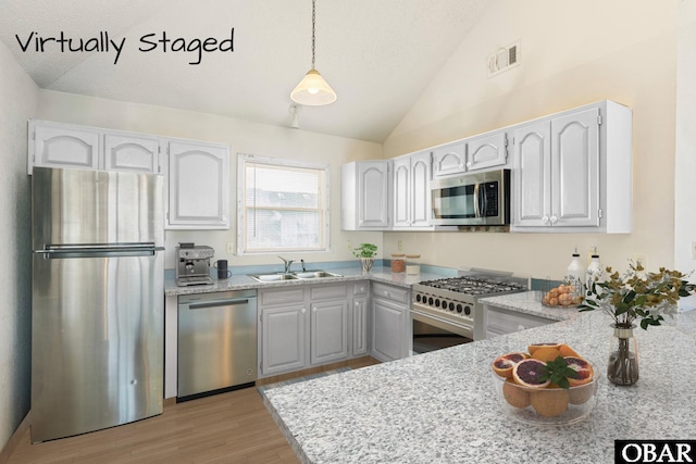549 White Whale Way Lot # 220E, Corolla, NC 27927 - kitchen with stainless steel appliances, vaulted ceiling, light wood-style floors, decorative light fixtures, and a sink
