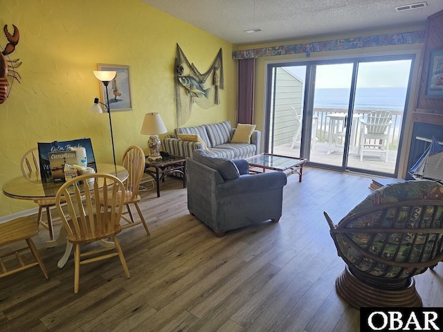 2035 S Virginia Dare Trl Unit 11, Kill Devil Hills, NC 27948 - living room featuring wood finished floors, a textured ceiling, and a textured wall