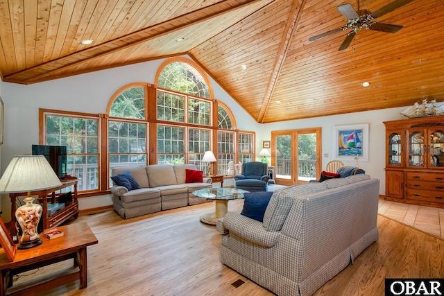 living room with light wood finished floors, high vaulted ceiling, plenty of natural light, and wood ceiling