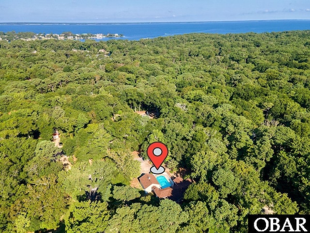 aerial view featuring a view of trees and a water view