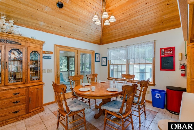 dining room with light tile patterned floors, baseboards, an inviting chandelier, vaulted ceiling, and wooden ceiling