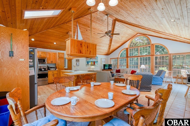 dining area featuring wood ceiling, a skylight, light tile patterned flooring, high vaulted ceiling, and a ceiling fan