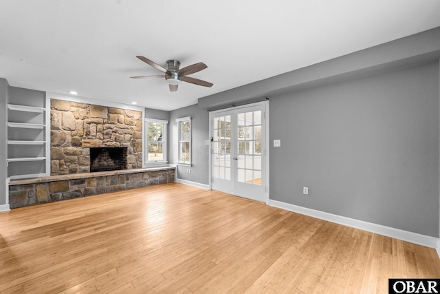72 Poteskeet Trl Lot # 396, Southern Shores, NC 27949 - unfurnished living room with ceiling fan, a fireplace, recessed lighting, wood-type flooring, and baseboards