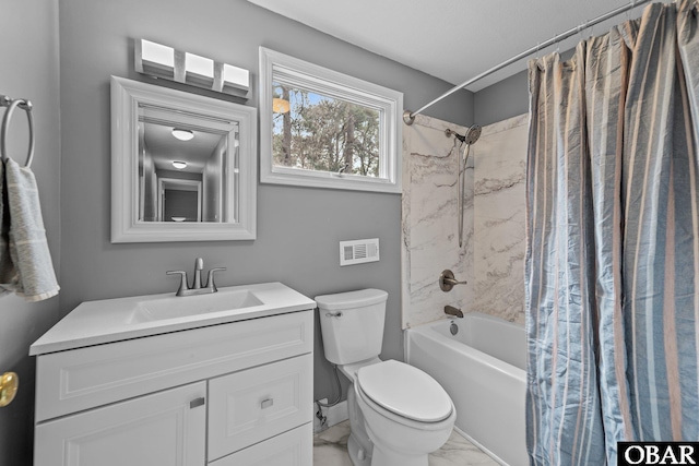 full bath featuring shower / tub combo, visible vents, toilet, marble finish floor, and vanity