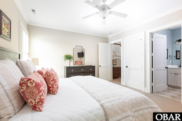 367 Lindsey Ln Lot 1, Corolla, NC 27927 - bedroom with a sink, ornamental molding, ensuite bath, and visible vents