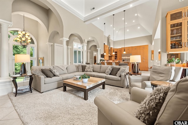 2001 Creek Rd Lot 16, Kitty Hawk, NC 27949 - living room with ornate columns, a high ceiling, recessed lighting, a chandelier, and light tile patterned floors