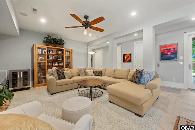 2001 Creek Rd Lot 16, Kitty Hawk, NC 27949 - living area with beverage cooler, ceiling fan, recessed lighting, and light tile patterned flooring