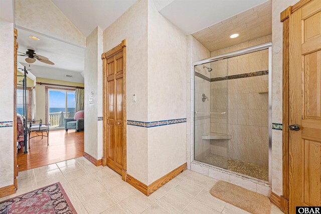 369 Deep Neck Rd Lot # 139, Corolla, NC 27927 - full bath with a stall shower, ceiling fan, lofted ceiling, recessed lighting, and tile patterned floors