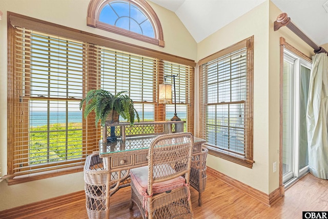 369 Deep Neck Rd Lot # 139, Corolla, NC 27927 - dining room with lofted ceiling, wood finished floors, and a water view