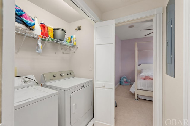 clothes washing area featuring carpet floors, laundry area, and independent washer and dryer