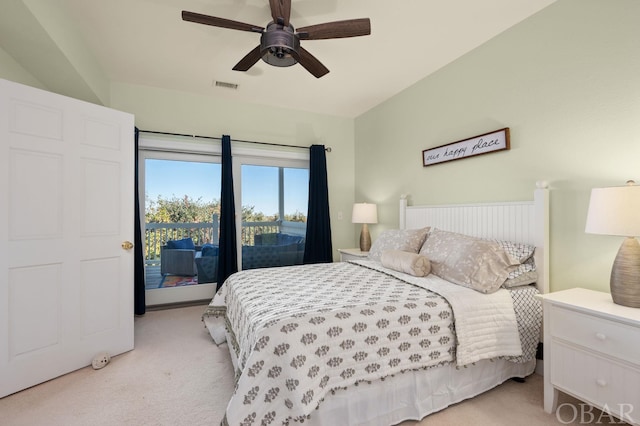 bedroom featuring light carpet, a ceiling fan, visible vents, and access to exterior