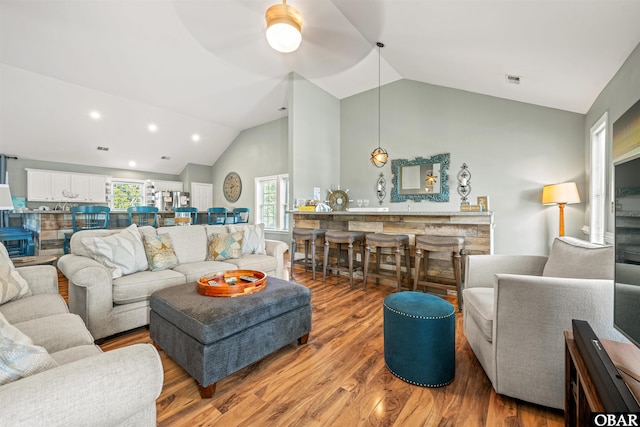 106 Flight Dr Lot 4, Duck, NC 27949 - living room featuring wood finished floors, high vaulted ceiling, a ceiling fan, and recessed lighting