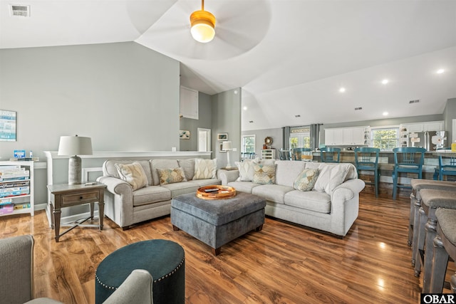 106 Flight Dr Lot 4, Duck, NC 27949 - living room with ceiling fan, wood finished floors, recessed lighting, and high vaulted ceiling