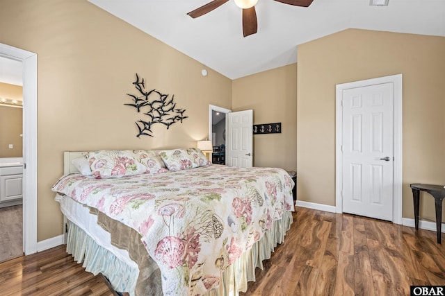 106 Flight Dr Lot 4, Duck, NC 27949 - bedroom featuring wood finished floors, lofted ceiling, a ceiling fan, and connected bathroom