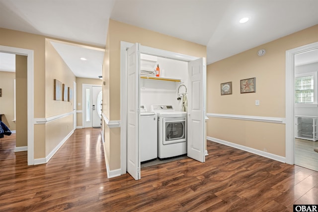 106 Flight Dr Lot 4, Duck, NC 27949 - washroom with dark wood-style flooring, washing machine and dryer, and recessed lighting
