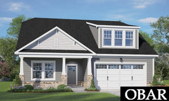 craftsman-style house with a garage, stone siding, roof with shingles, and driveway