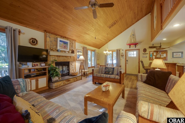 198 Duck Road Lot 24 & 25, Southern Shores, NC 27949 - living room featuring high vaulted ceiling, wooden ceiling, plenty of natural light, a chandelier, and ceiling fan