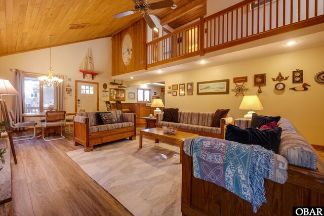 198 Duck Road Lot 24 & 25, Southern Shores, NC 27949 - living area with high vaulted ceiling, healthy amount of natural light, wooden ceiling, a chandelier, and ceiling fan