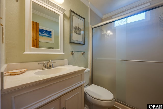 198 Duck Road Lot 24 & 25, Southern Shores, NC 27949 - bathroom with ornamental molding, a stall shower, toilet, and vanity