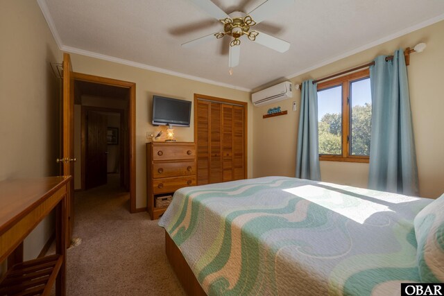 198 Duck Road Lot 24 & 25, Southern Shores, NC 27949 - carpeted bedroom featuring a wall mounted air conditioner, ornamental molding, a closet, and ceiling fan