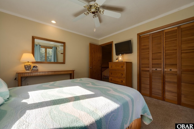198 Duck Road Lot 24 & 25, Southern Shores, NC 27949 - carpeted bedroom featuring a closet, crown molding, ceiling fan, and recessed lighting