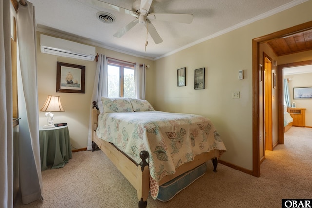 198 Duck Road Lot 24 & 25, Southern Shores, NC 27949 - bedroom featuring a wall mounted air conditioner, carpet, baseboards, crown molding, and ceiling fan