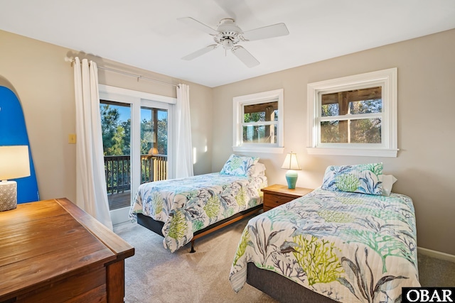 bedroom with carpet, access to exterior, and a ceiling fan