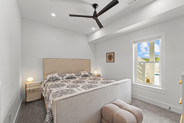 bedroom featuring recessed lighting, carpet flooring, visible vents, and baseboards