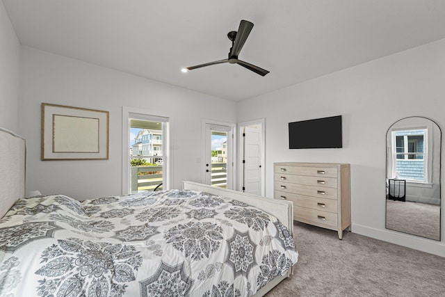 bedroom with baseboards, a ceiling fan, and light colored carpet