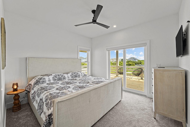 bedroom with access to outside, light colored carpet, ceiling fan, and recessed lighting