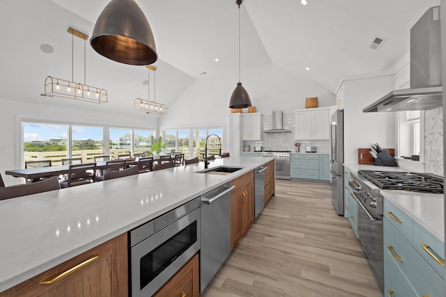 kitchen with light wood finished floors, wall chimney exhaust hood, appliances with stainless steel finishes, and a sink