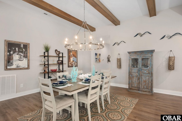 dining area featuring beamed ceiling, wood finished floors, visible vents, and baseboards