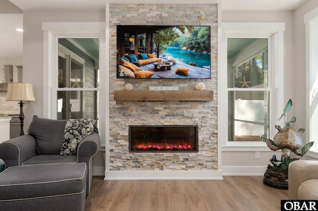 living area featuring a fireplace, baseboards, and wood finished floors