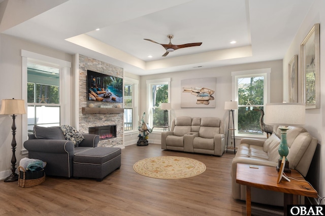 living room featuring a tray ceiling, wood finished floors, and a stone fireplace