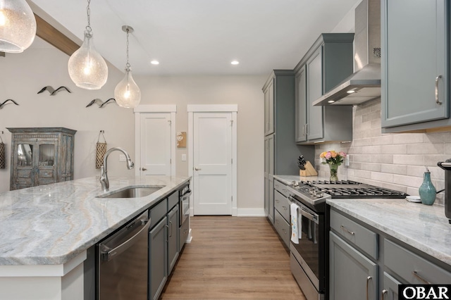 kitchen featuring a sink, appliances with stainless steel finishes, gray cabinets, backsplash, and wall chimney exhaust hood