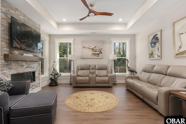 living room featuring a wealth of natural light, a raised ceiling, a fireplace, and wood finished floors