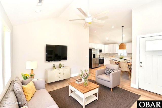 112 Mybet Ct Lot 100, Kill Devil Hills, NC 27948 - living room with light wood-type flooring, ceiling fan, recessed lighting, and high vaulted ceiling