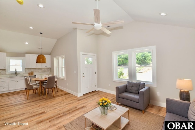 112 Mybet Ct Lot 100, Kill Devil Hills, NC 27948 - living area featuring ceiling fan, recessed lighting, light wood finished floors, and high vaulted ceiling