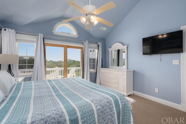 bedroom with ceiling fan, baseboards, vaulted ceiling, access to outside, and carpet