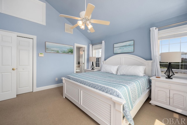 bedroom with light colored carpet, visible vents, baseboards, vaulted ceiling, and a ceiling fan