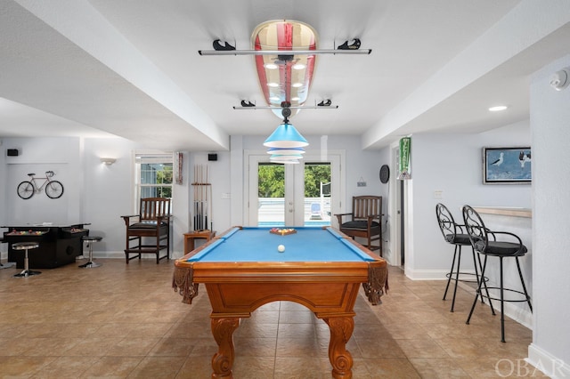 playroom with french doors, billiards, a wealth of natural light, and baseboards