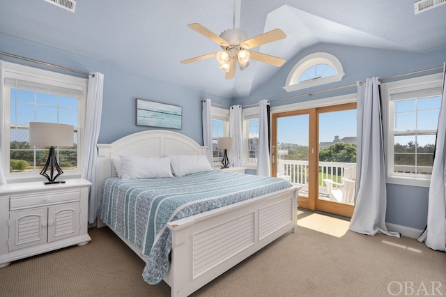 bedroom featuring light carpet, visible vents, lofted ceiling, ceiling fan, and access to outside