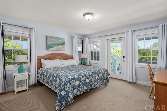 carpeted bedroom featuring access to outside and baseboards