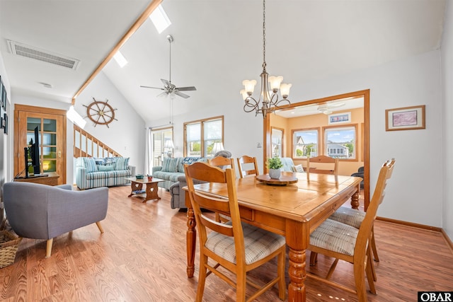 227 Outrigger Dr Lot 132, Kill Devil Hills, NC 27948 - dining space with visible vents, high vaulted ceiling, ceiling fan with notable chandelier, and light wood-style floors